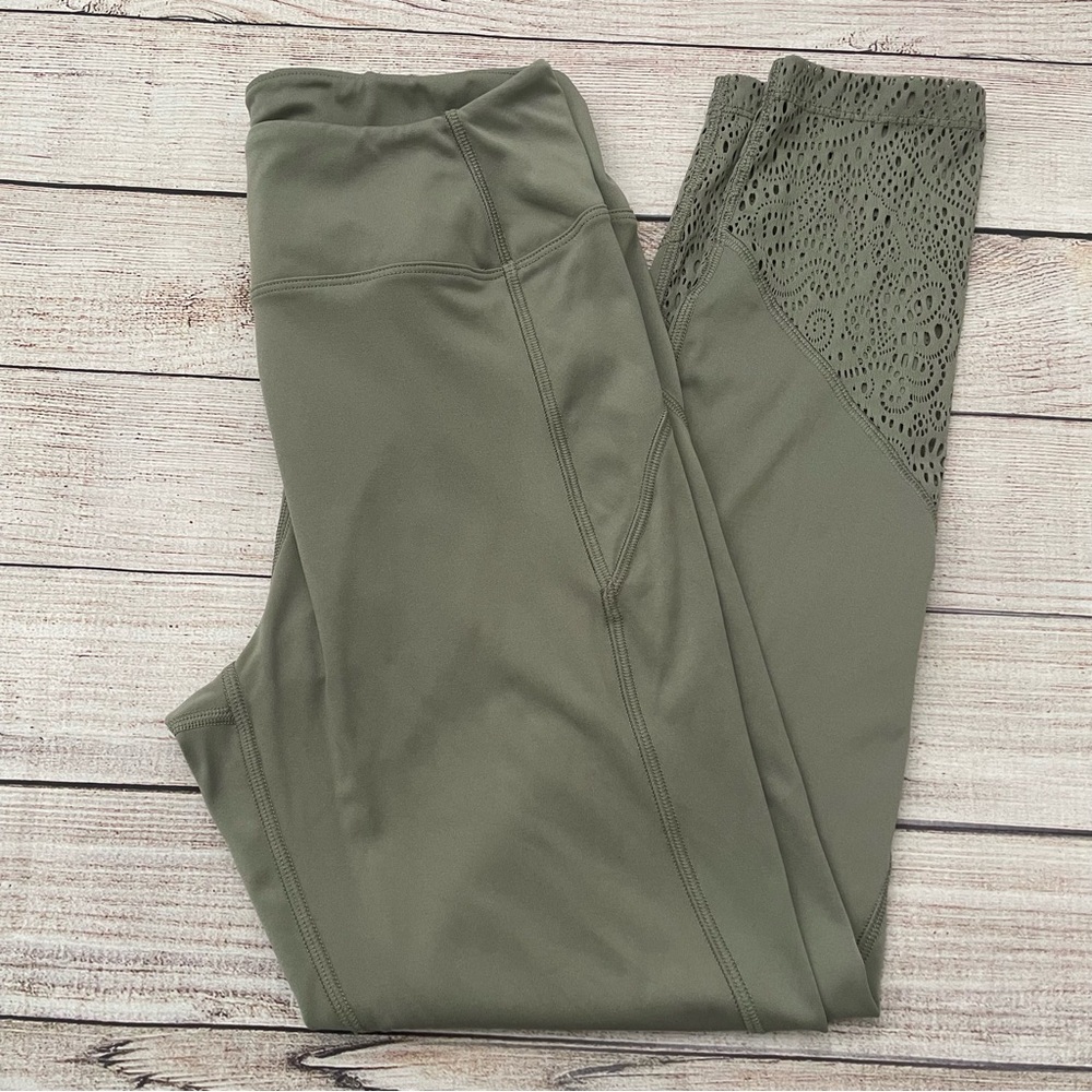 Victoria’s Secret PINK Sport Knockout Leggings Olive Green Ankle Lace Medium Gym